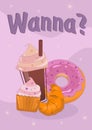 Poster with differents kinds of desserts and drink (donut, muffin, croissant, coffee) and title \